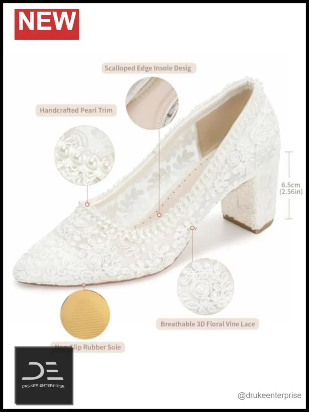 Women's Ivory Lace Pearl Block Heel Pumps - 2.56 Inch Heel